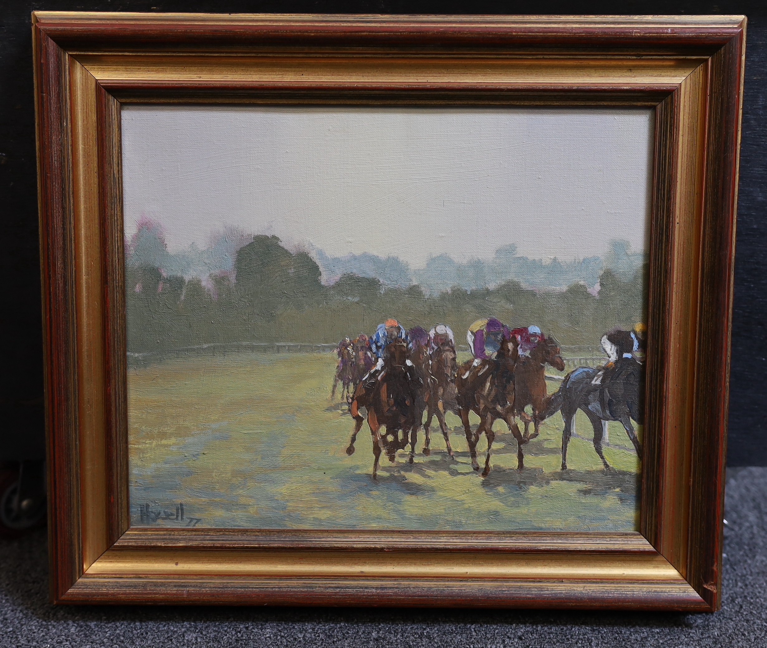 Peter Howell (b.1932), Racing scene, oil on canvas, 24 x 29cm